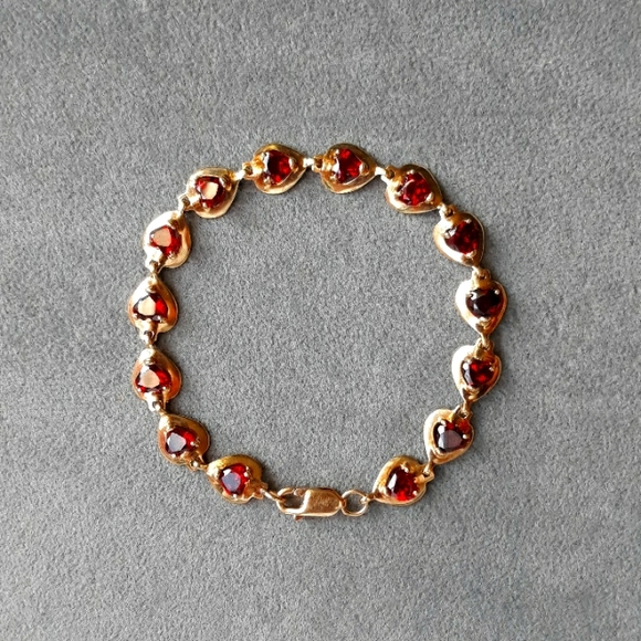 14k Jewelry - ❤💎14k Gold Eternity Heart Link Bracelet W/14 Natural Garnet Heart Stones 7 1/4"